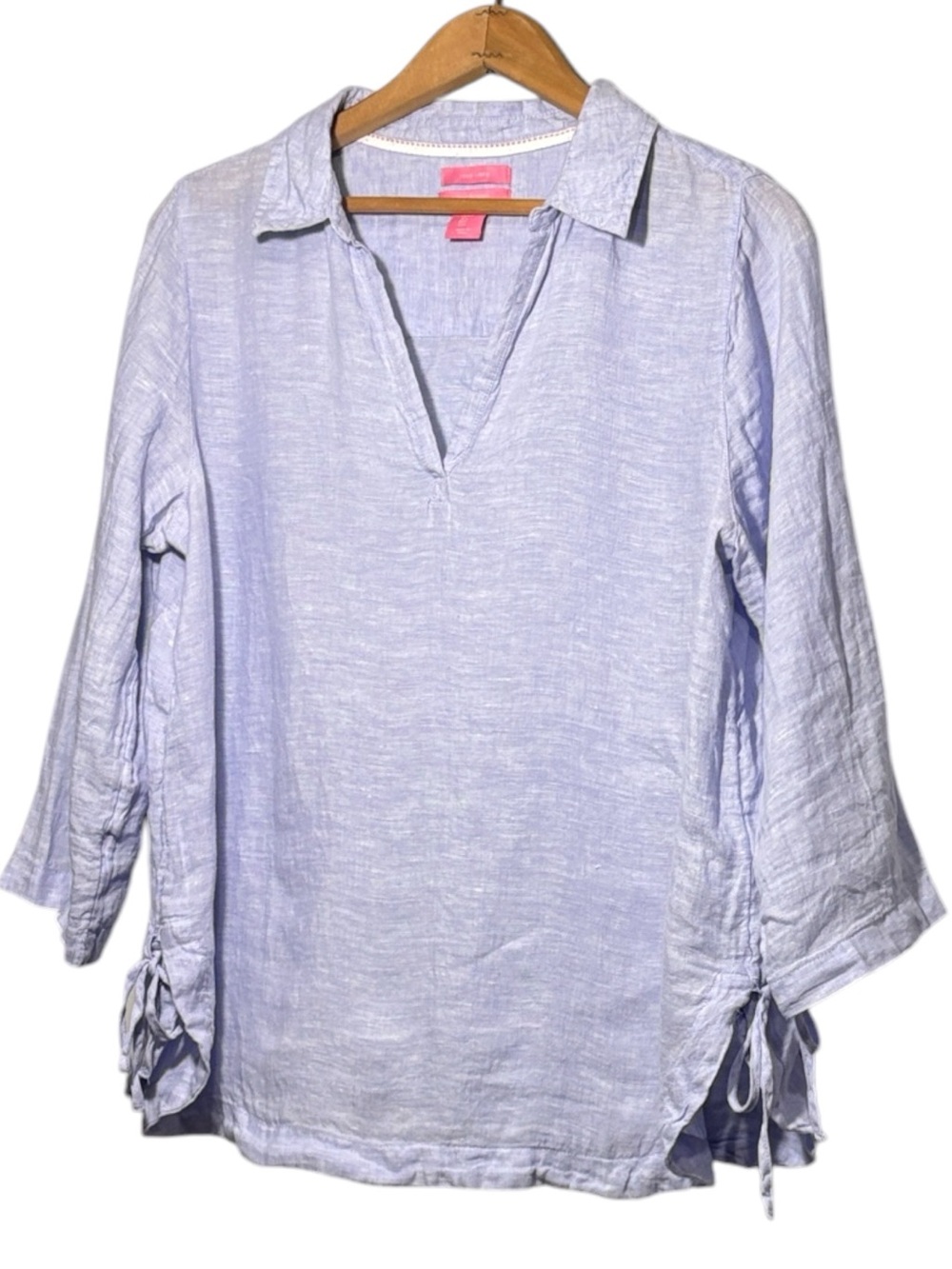 ISAAC MIZRAHI | Blue 100% Linen V-Neck 3/4-Sleeve Popover Tunic Blouse size L